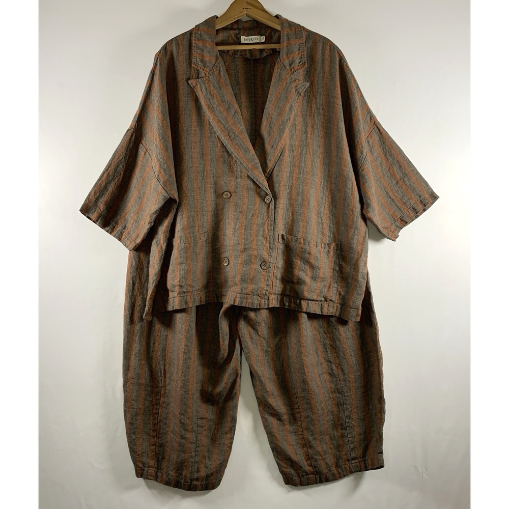 Buykud Womens Linen Striped Matching 2 pc Set Top Pants Size 2XL Lagenlook Boho